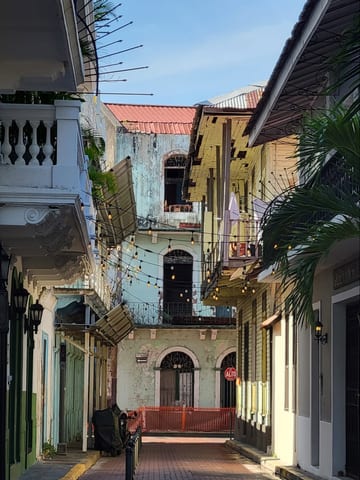 Colorful Casco Viejo balconies and narrow street facades